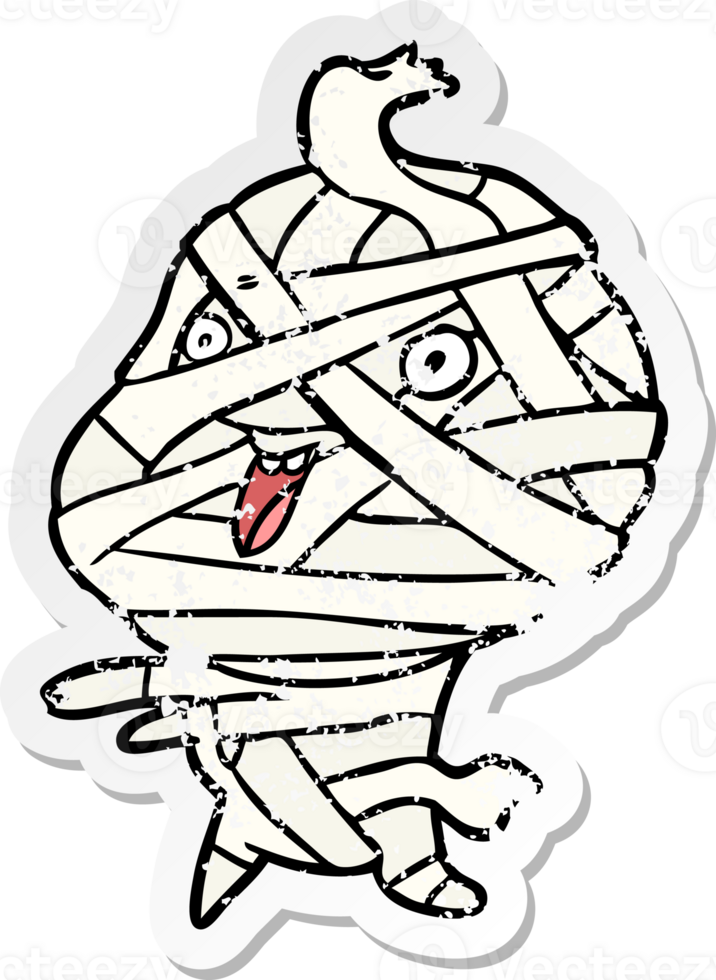 distressed sticker of a cartoon halloween mummy png