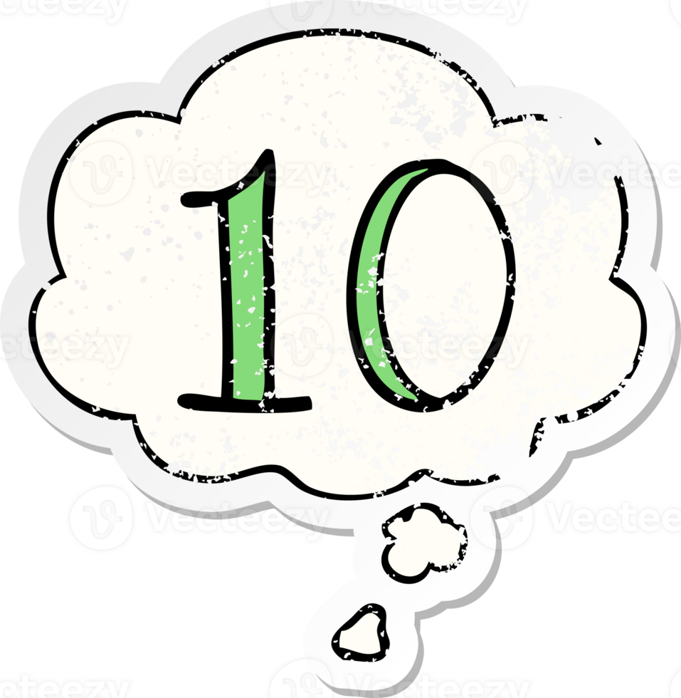 cartoon number 10 with thought bubble as a distressed worn sticker png