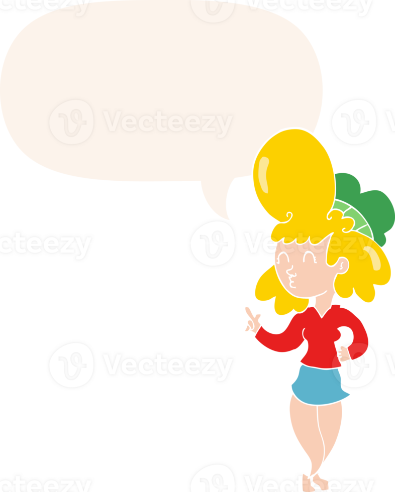 cartoon woman with big hair with speech bubble in retro style png