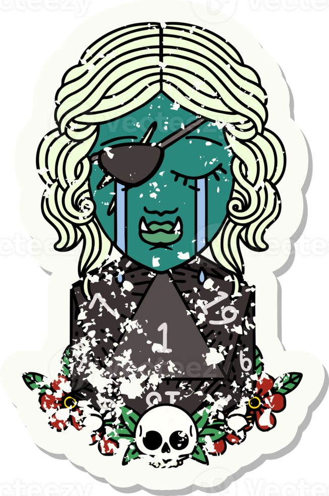 Retro Tattoo Style crying half orc rogue character with natural one D20 roll png