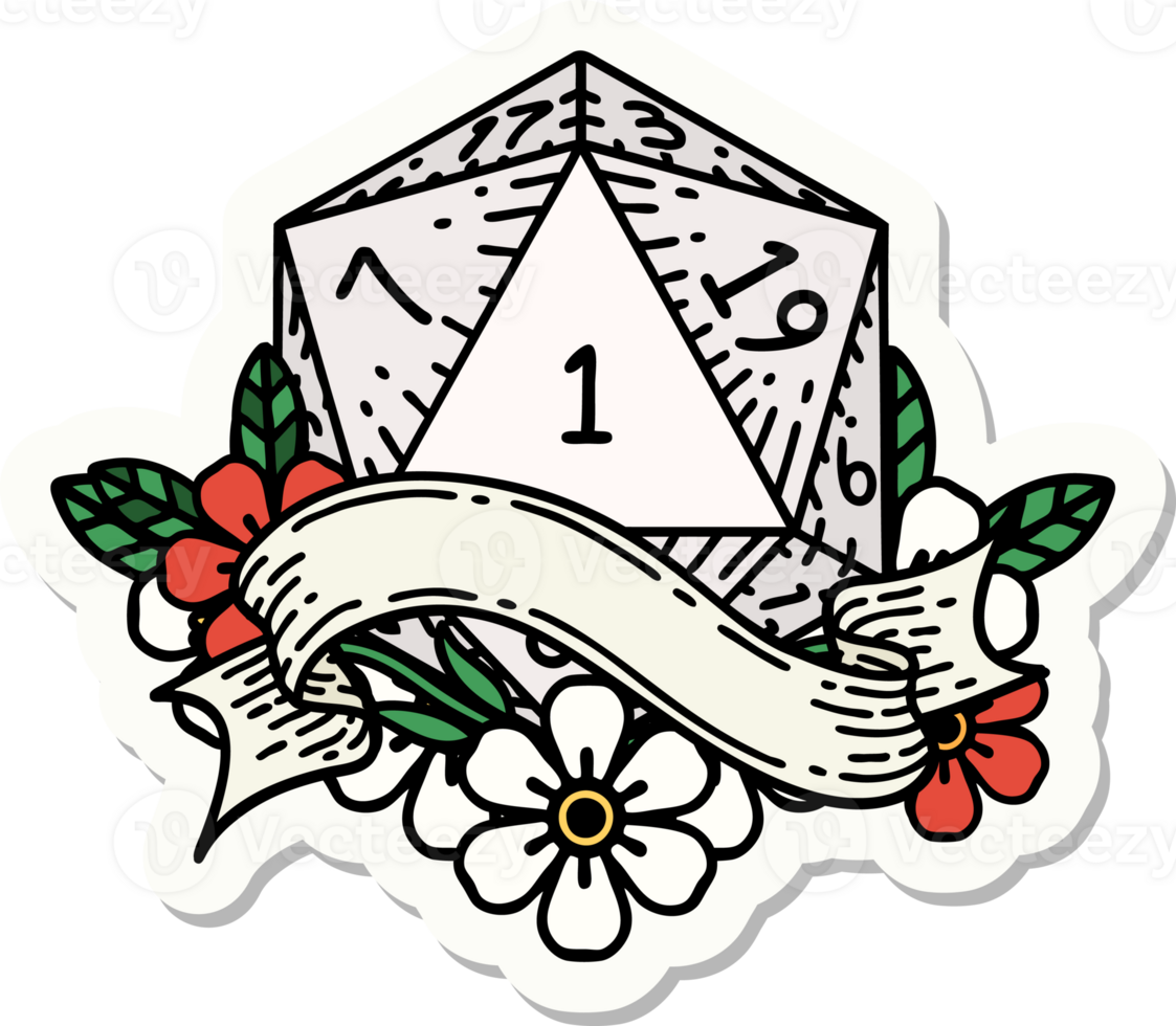 sticker of a natural one d20 dice roll png