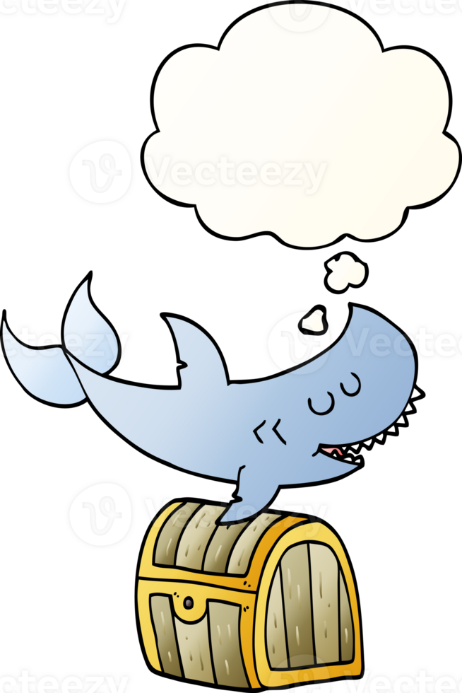 cartoon shark swimming over treasure chest with thought bubble in smooth gradient style png