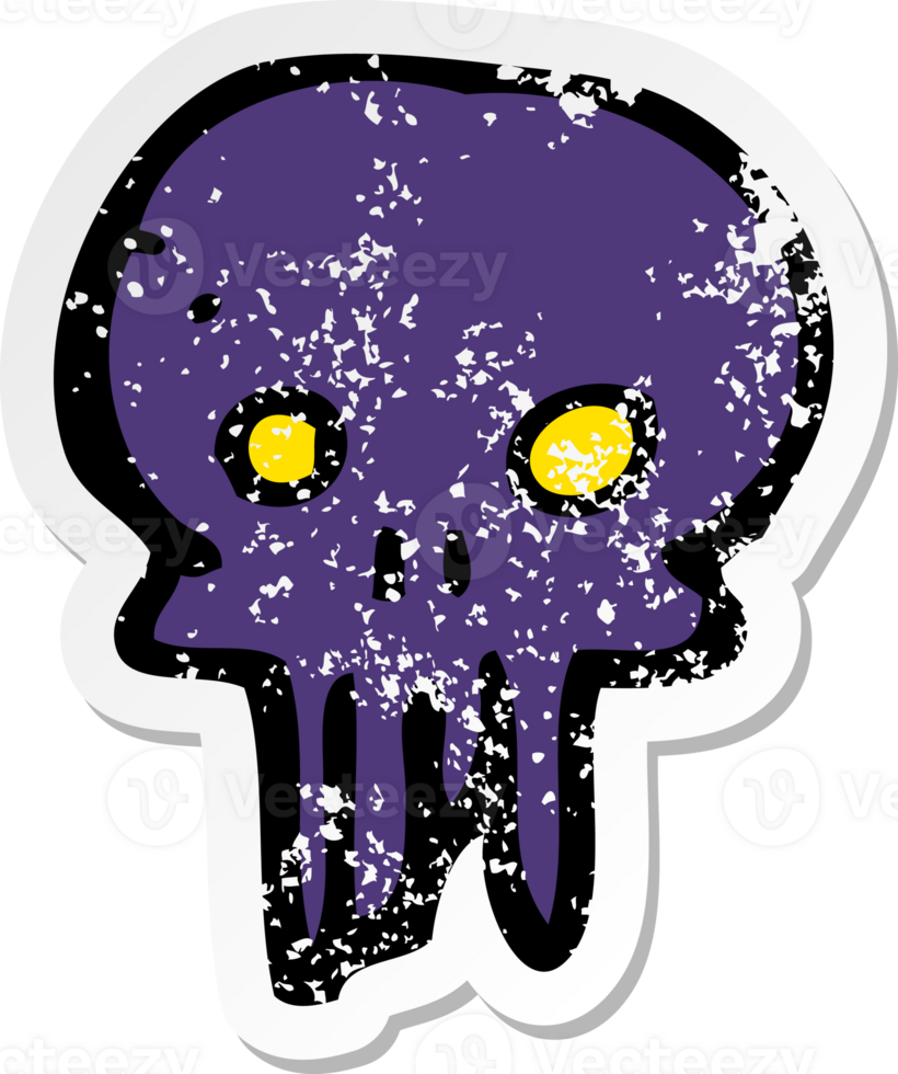 retro distressed sticker of a cartoon spooky skull symbol png