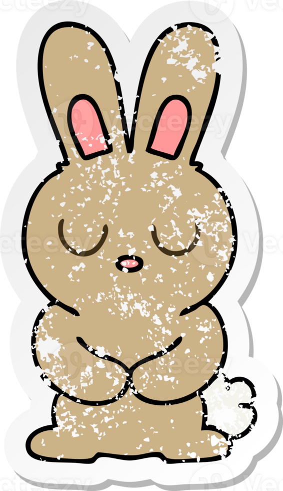 distressed sticker of a quirky hand drawn cartoon rabbit png