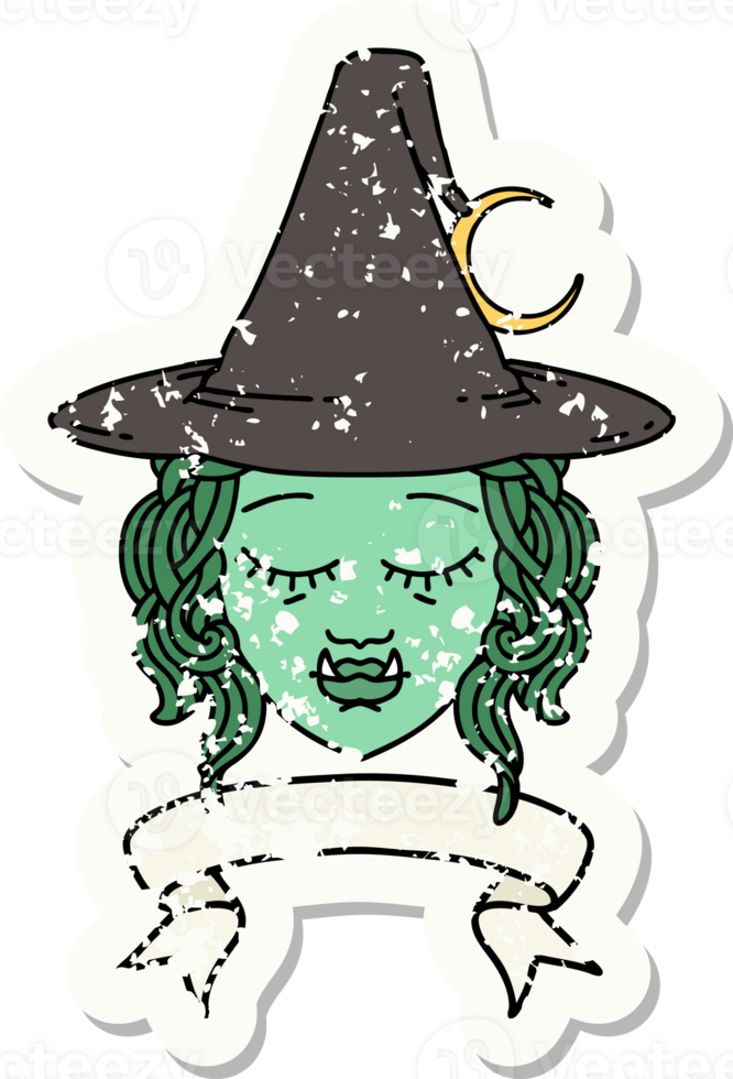 Retro Tattoo Style half orc witch character face with banner png