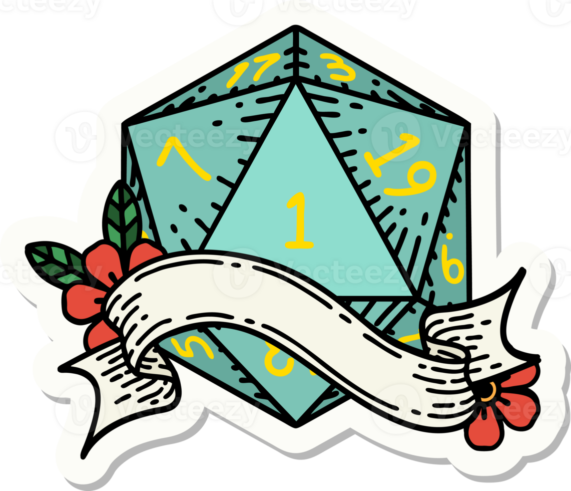 sticker of a natural one d20 dice roll png