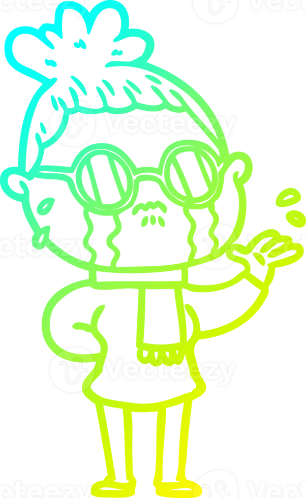 cold gradient line drawing of a cartoon crying woman wearing spectacles png