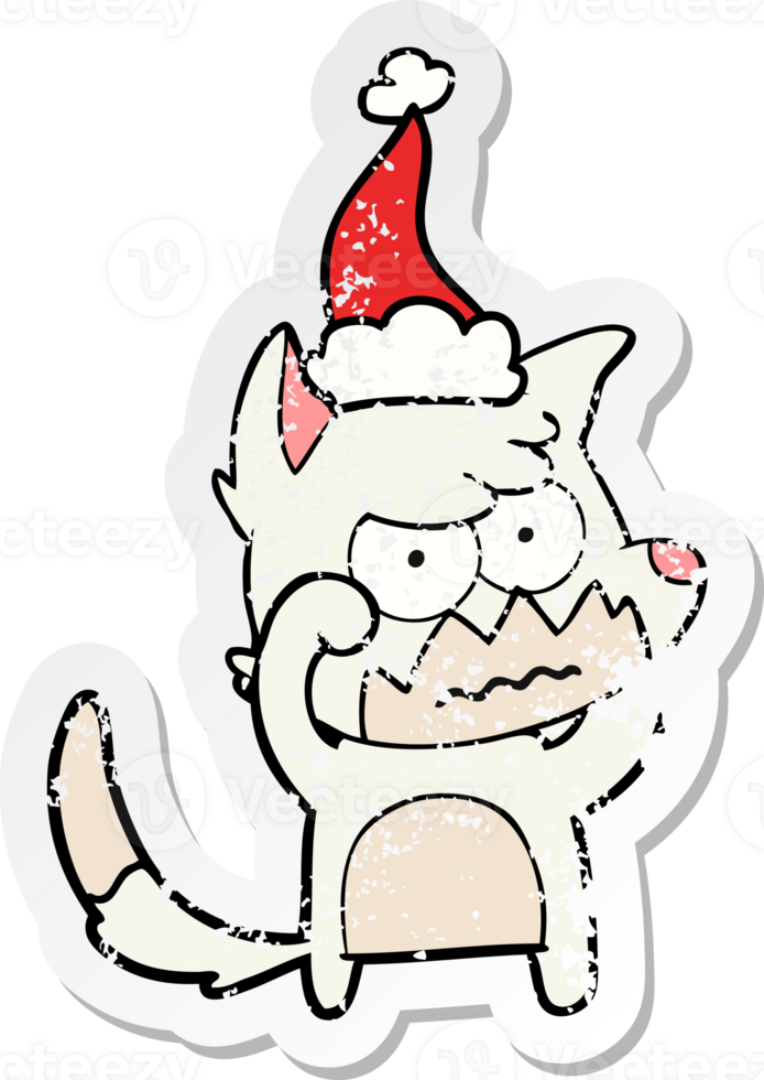 hand drawn distressed sticker cartoon of a annoyed fox wearing santa hat png