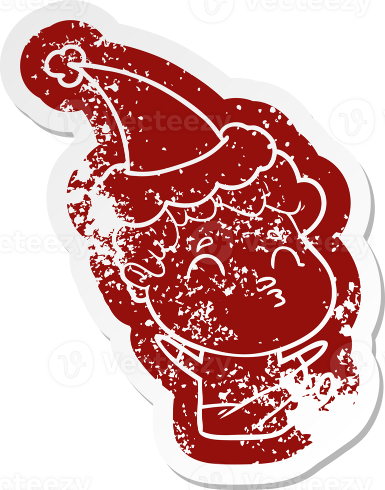 quirky cartoon distressed sticker of a man pouting wearing santa hat png