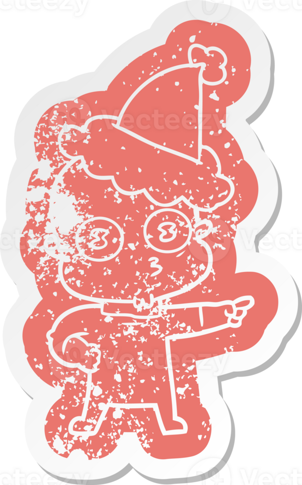 quirky cartoon distressed sticker of a weird bald spaceman wearing santa hat png