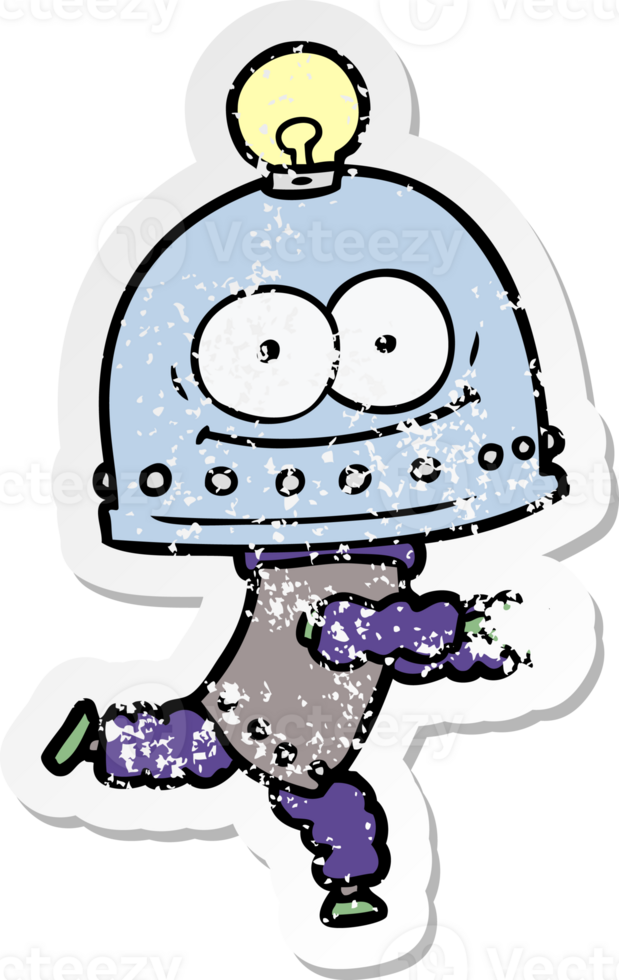 distressed sticker of a happy carton robot with light bulb png
