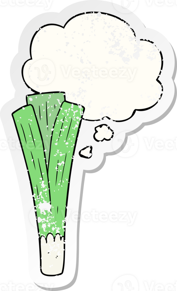 cartoon leek with thought bubble as a distressed worn sticker png