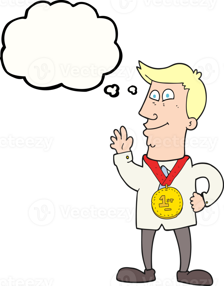 hand drawn thought bubble cartoon waving man with award png