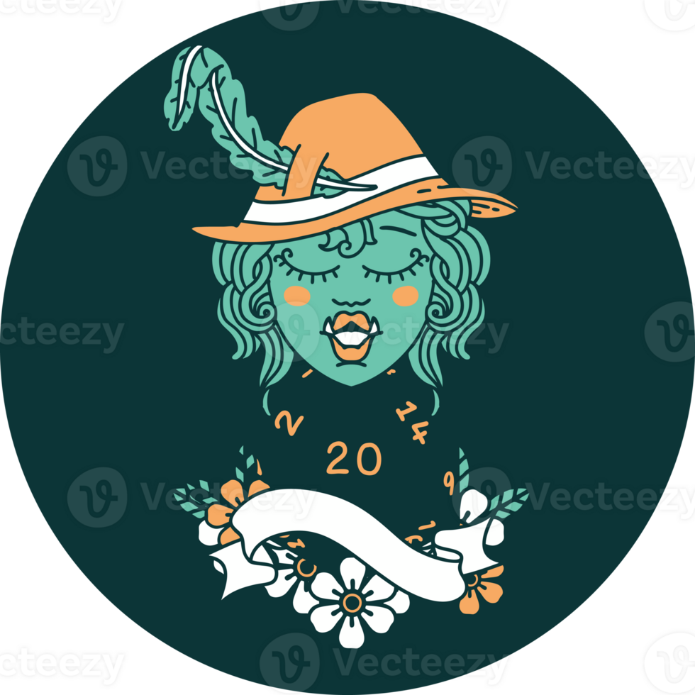 icon of singing half orc bard character with natural twenty dice roll png
