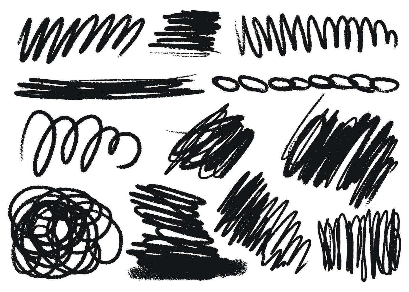 Crayon lines and strokes. Doodle pencil lines and grunge chalk drawings. Hand drawn crayon strokes textures vector