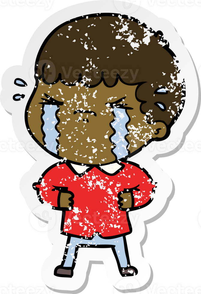 distressed sticker of a cartoon man crying png