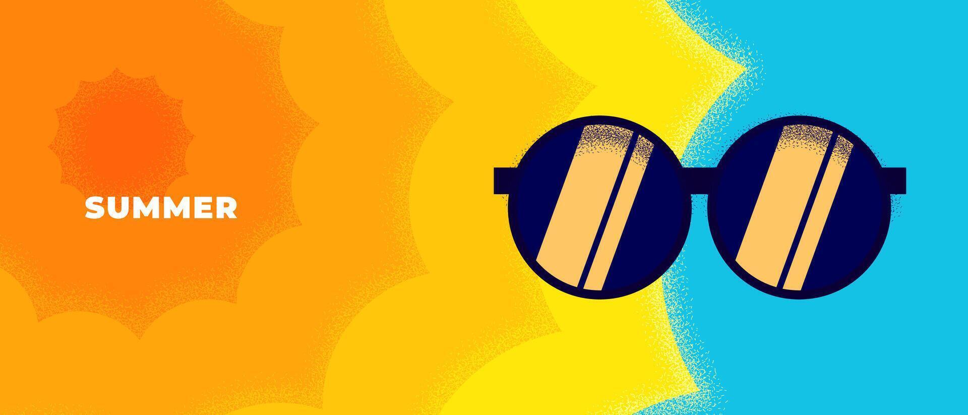Abstract retro minimal summer travel horizontal banner. Vintage print rest on sea beach with sun and sunglasses. Summertime tourist vacation party graphic design. Trendy minimalist seasonal background vector