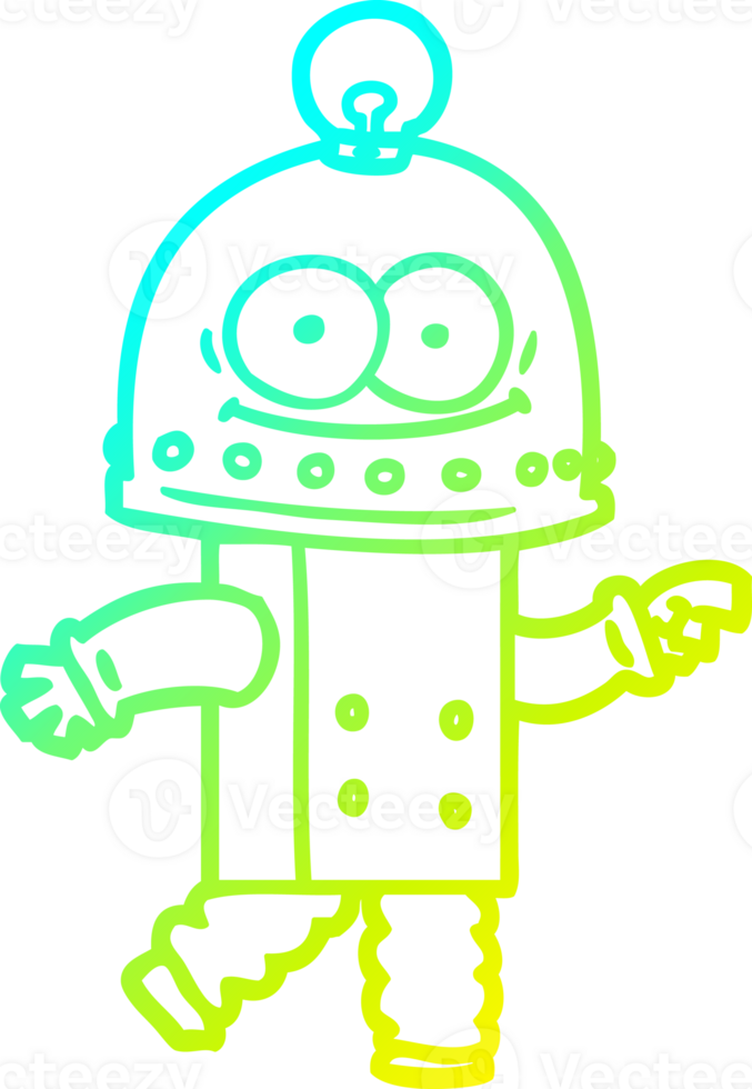 cold gradient line drawing of a happy carton robot with light bulb png