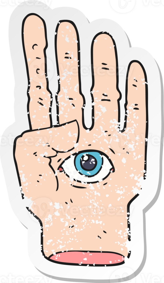 retro distressed sticker of a cartoon spooky hand with eyeball png