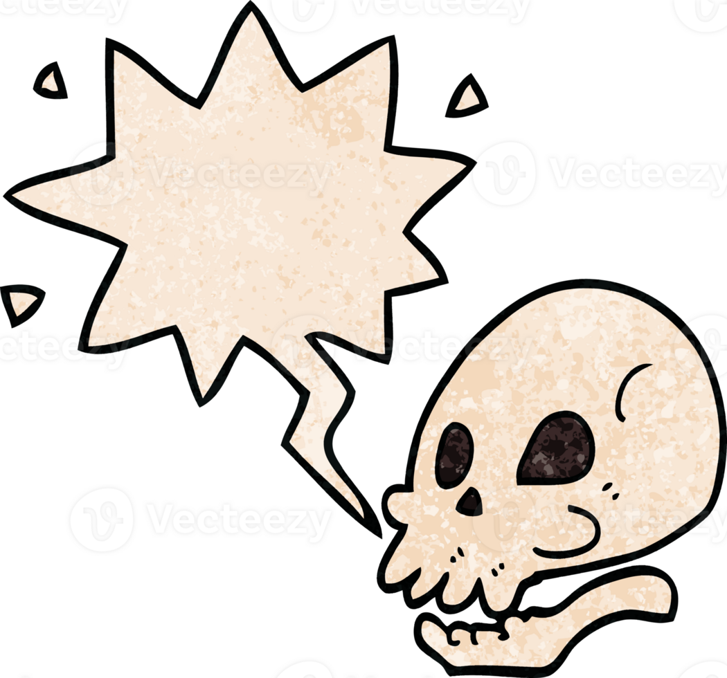 cartoon skull with speech bubble in retro texture style png