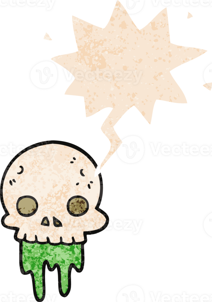cartoon spooky halloween skull with speech bubble in grunge distressed retro textured style png