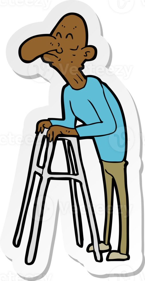 sticker of a cartoon old man with walking frame png