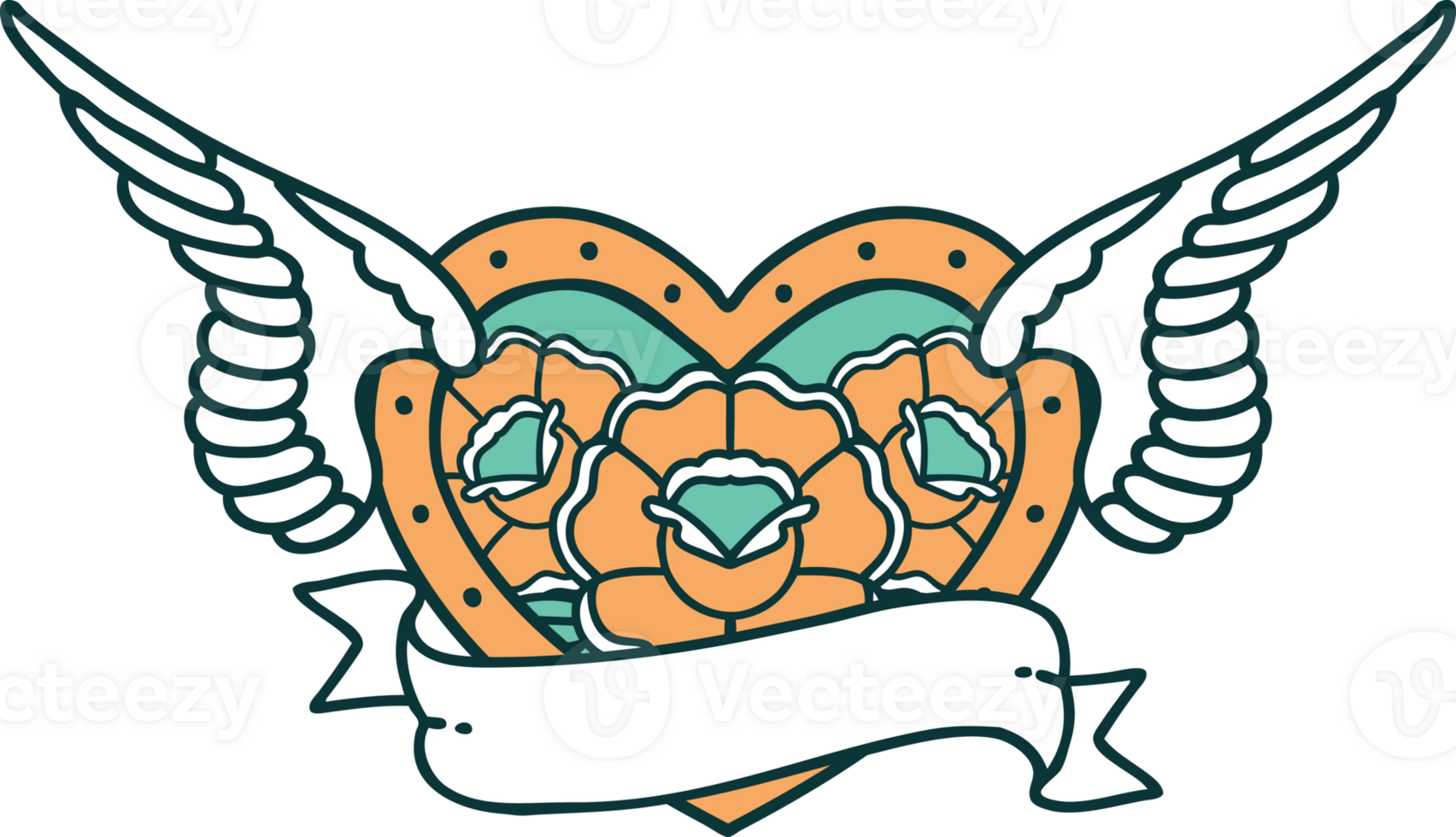 iconic tattoo style image of a flying heart with flowers and banner png