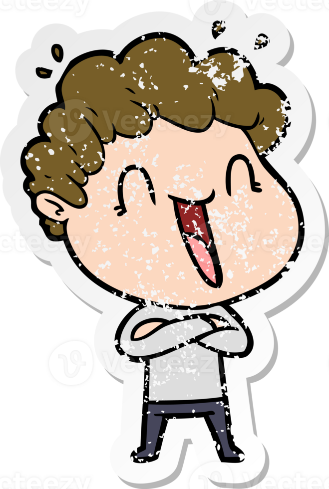 distressed sticker of a cartoon happy man laughing png