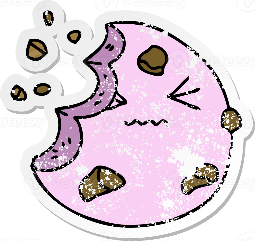 distressed sticker of a quirky hand drawn cartoon munched cookie png