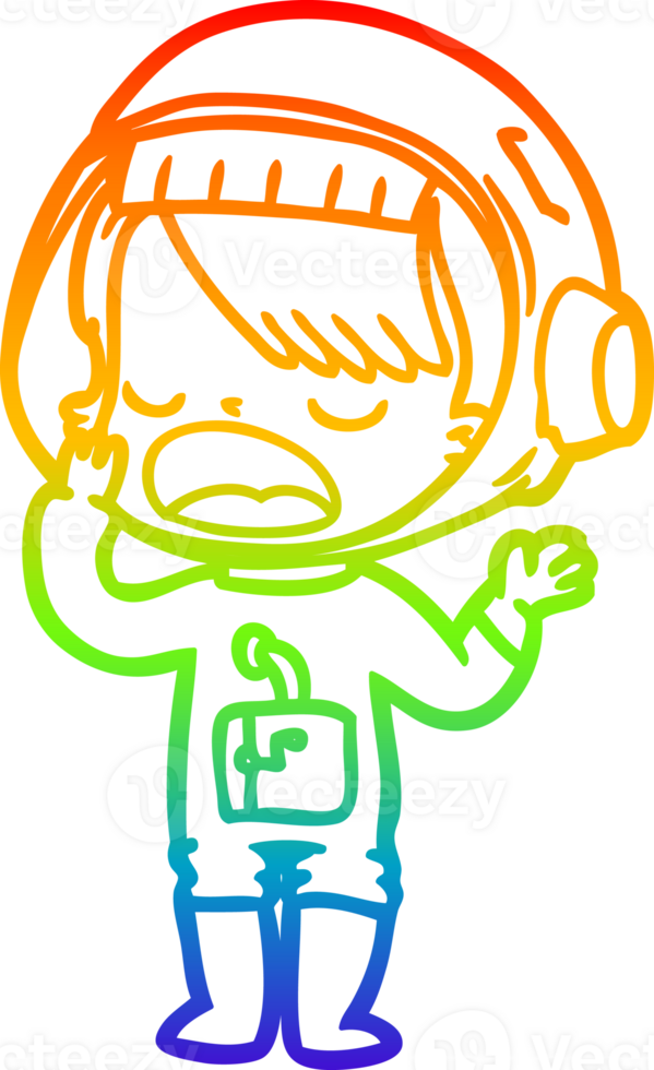 rainbow gradient line drawing of a cartoon astronaut girl yawning png