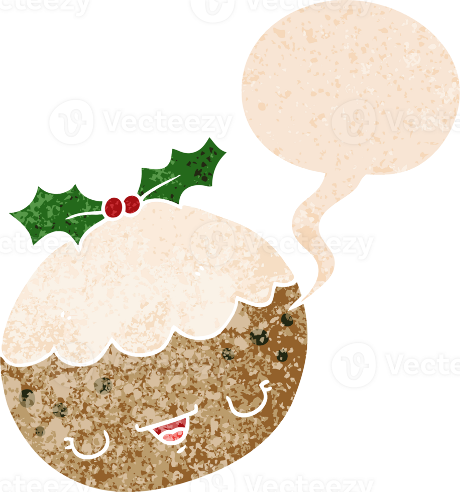 cute cartoon christmas pudding with speech bubble in grunge distressed retro textured style png