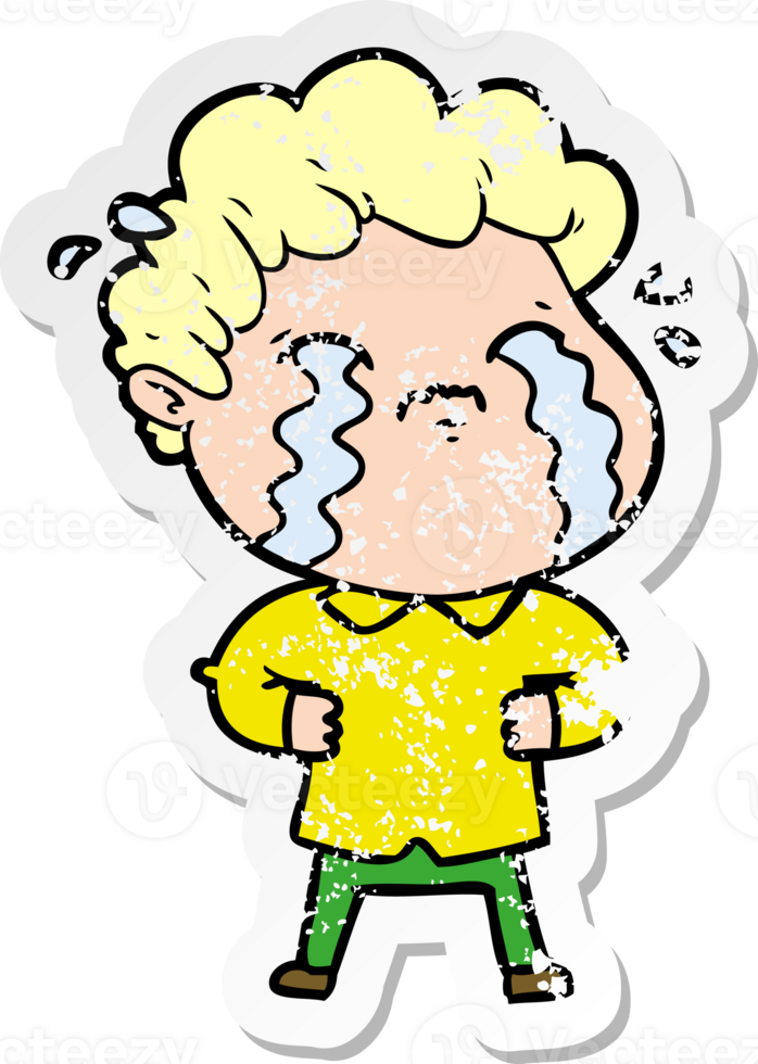 distressed sticker of a cartoon man crying png