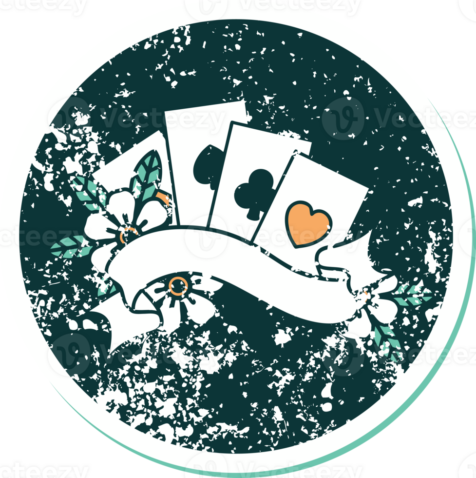 iconic distressed sticker tattoo style image of cards and banner png