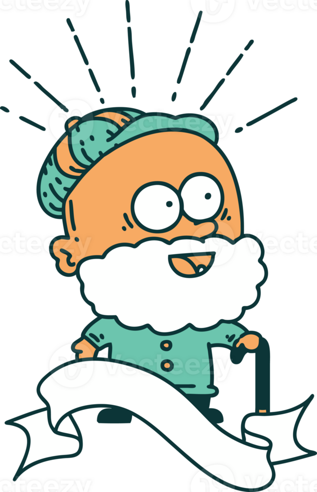 scroll banner with tattoo style happy old man with walking stick png