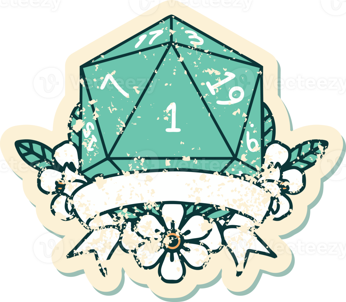 Retro Tattoo Style natural one d20 dice roll png