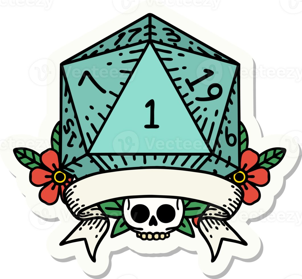 sticker of a natural one d20 dice roll png
