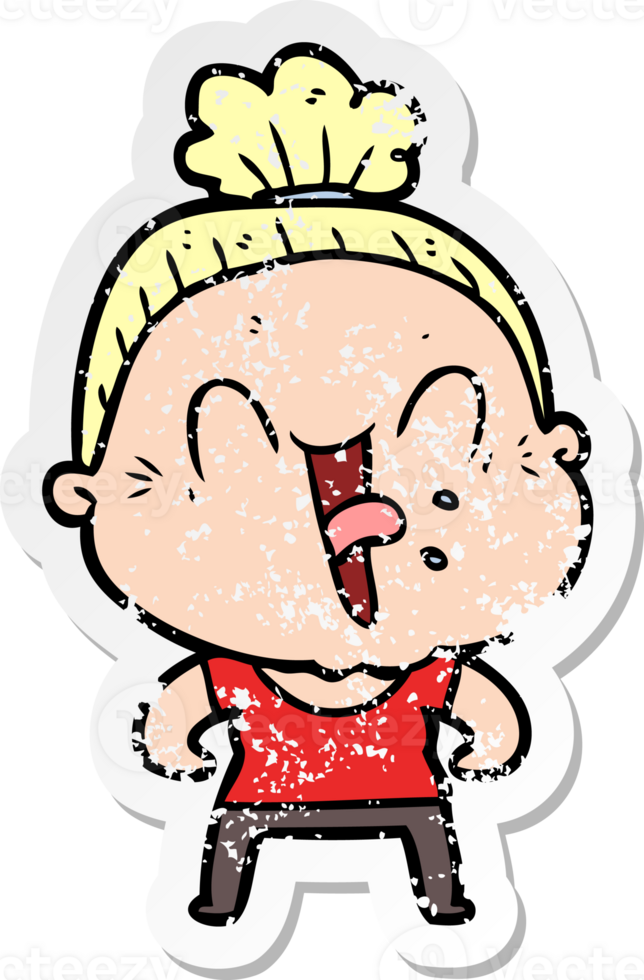 distressed sticker of a cartoon happy old woman png