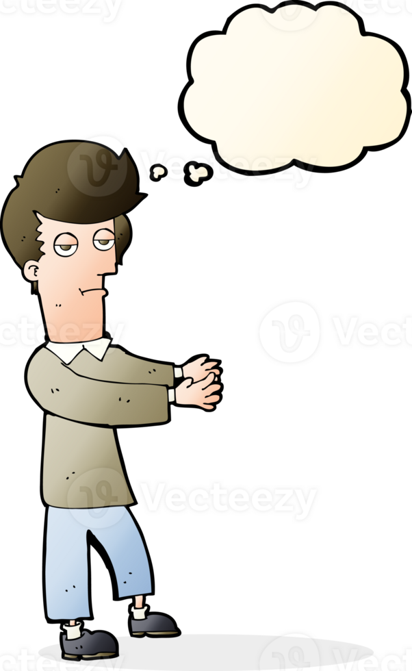 cartoon bored man showing the way with thought bubble png