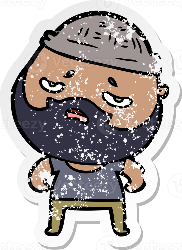distressed sticker of a cartoon worried man with beard png