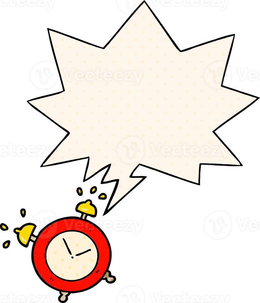 cartoon ringing alarm clock with speech bubble in comic book style png