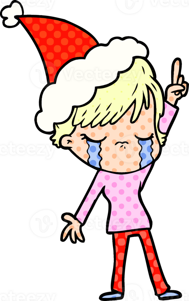 hand drawn comic book style illustration of a woman crying wearing santa hat png