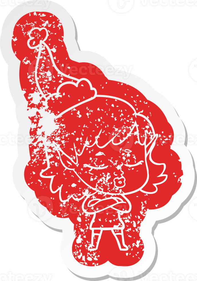 pretty quirky cartoon distressed sticker of a elf girl wearing santa hat png