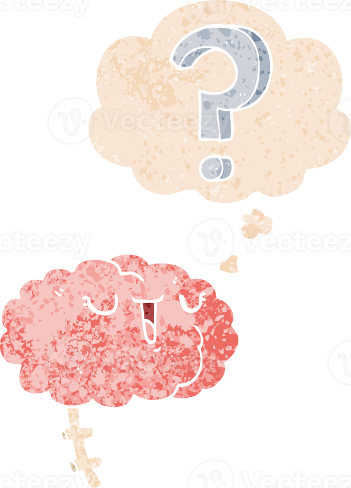 cartoon curious brain with thought bubble in grunge distressed retro textured style png