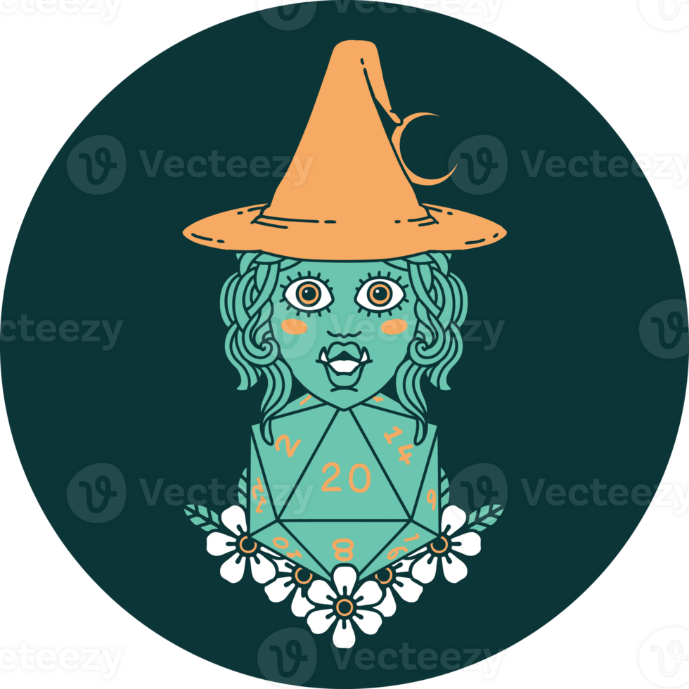 icon of half orc witch with natural twenty dice roll png