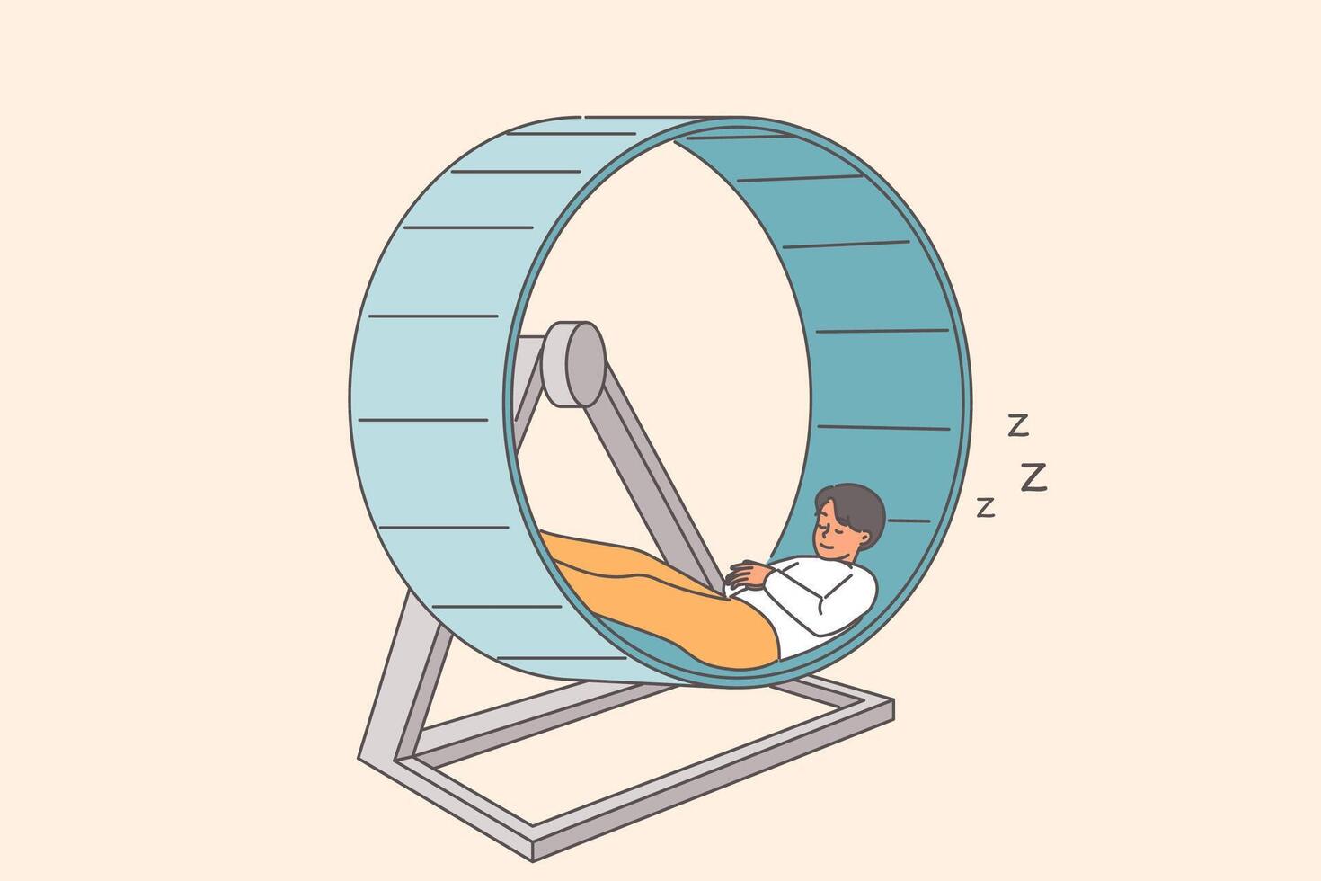 Man sleeps on hamster wheel after professional burnout caused by routine, uninteresting work vector