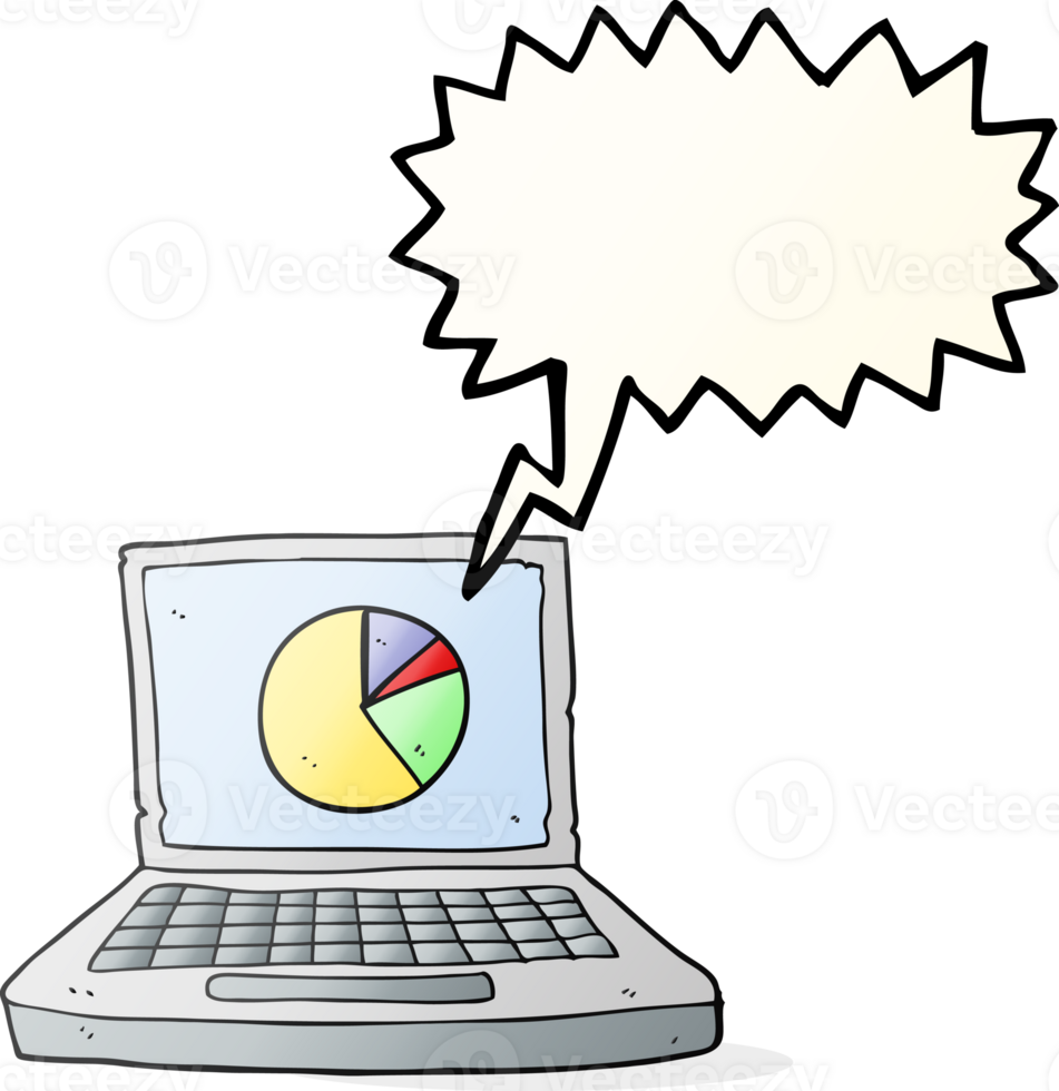 hand drawn speech bubble cartoon laptop computer with pie chart png
