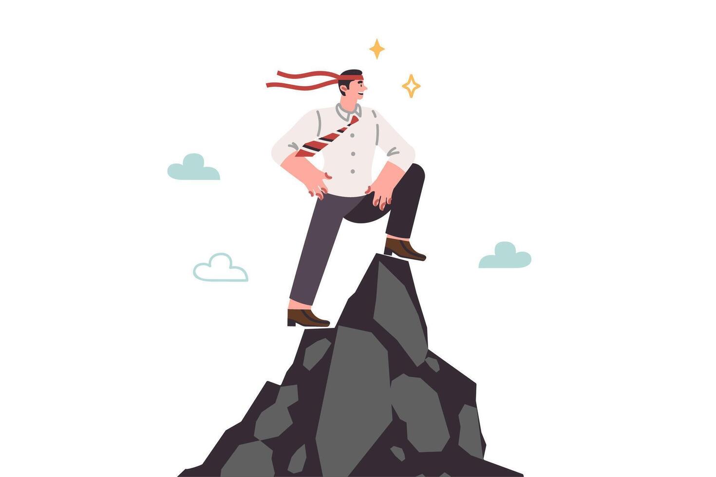 Successful man leader stands on top of cliff with bandage on head and looks confidently into future vector