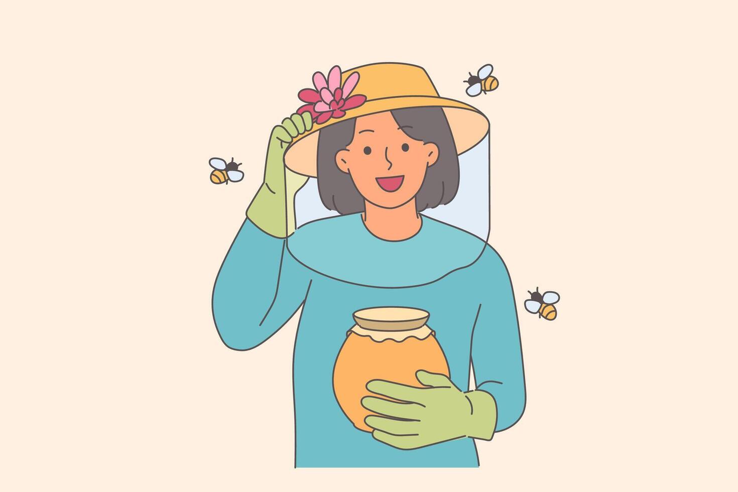 Woman beekeeper holds jar of honey, standing among flying bees, uses net and gloves to protect skin vector