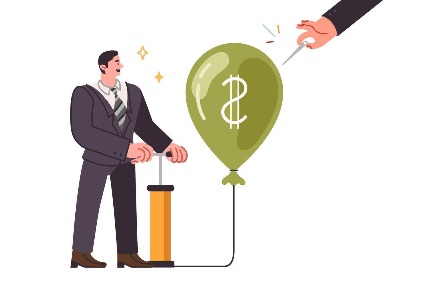 Financial bubble inflated by male investor in business clothes risks exploding due to needle vector