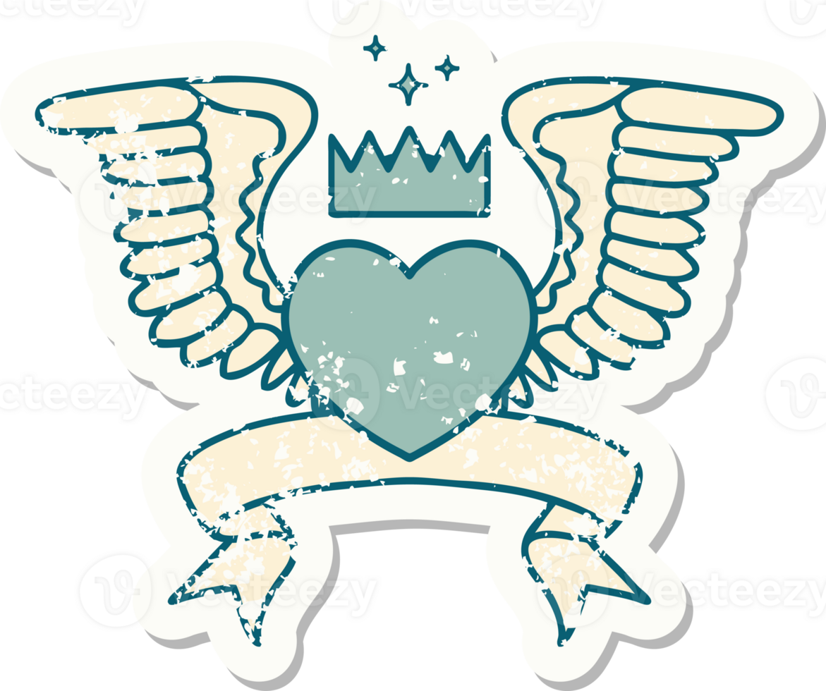 worn old sticker with banner of a heart with wings png